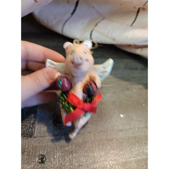 Angel pig apple ornament Xmas decor bow - Picture 1 of 5